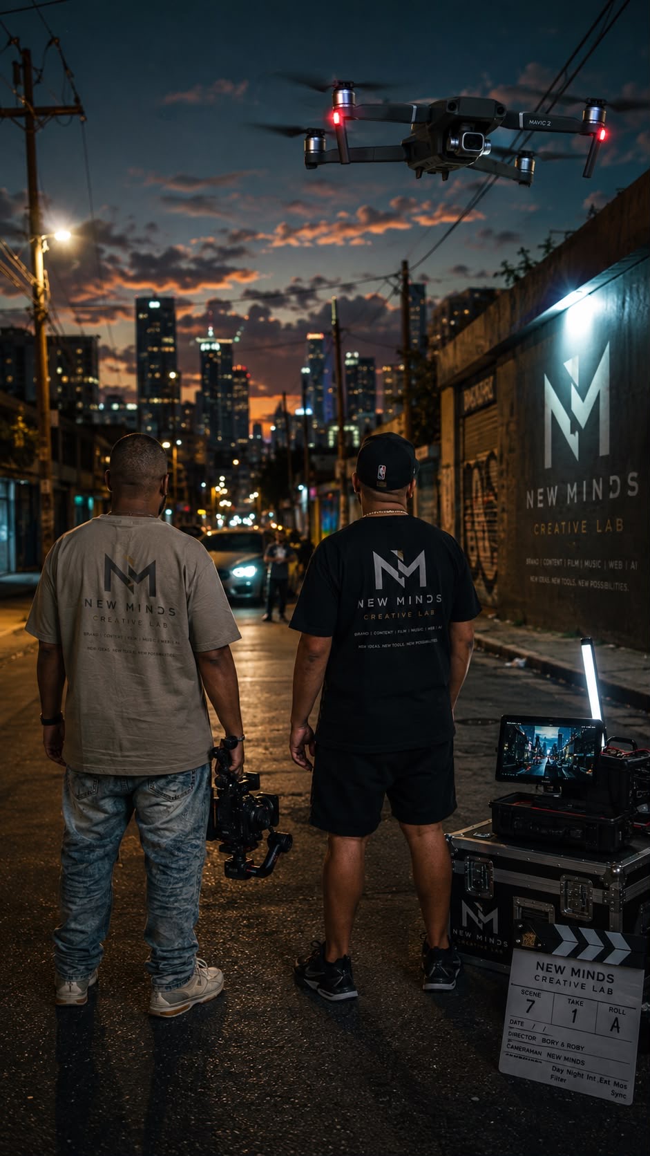 Equipo audiovisual de New Minds grabando en una calle de Puerto Rico al atardecer