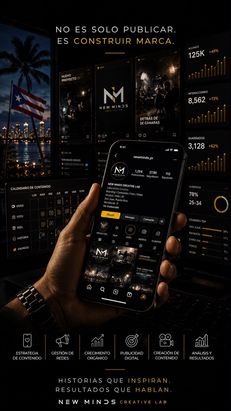 Estrategia de contenido New Minds mostrada en teléfono y paneles de análisis