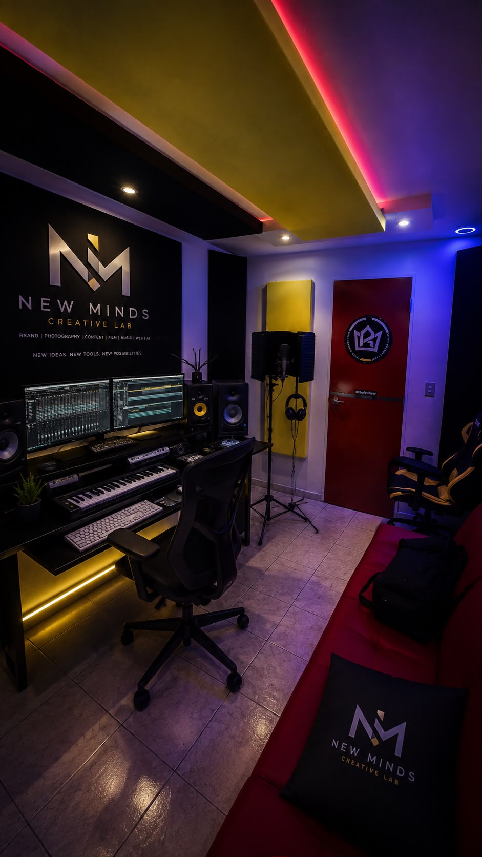 Estudio musical de New Minds con iluminación azul, roja y dorada